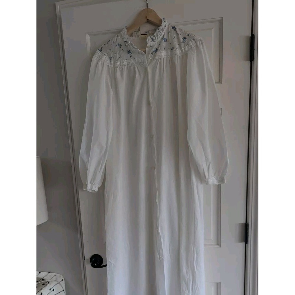 Vtg Womens Robe White Ruffle Lace Snap Midi House Coat Romantic Prairie Medium
